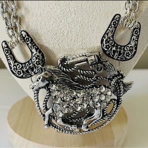 Unique Horse Pistol Rope Rhinestone Double Strand Chain Western Necklace